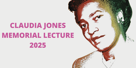Image of Claudia Jones next to pink text.