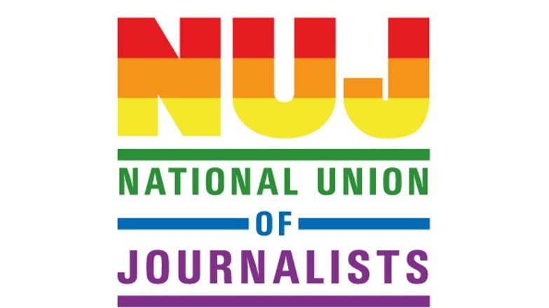 NUJ logo in the Pride rainbow colours.