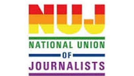 NUJ logo in the Pride rainbow colours.