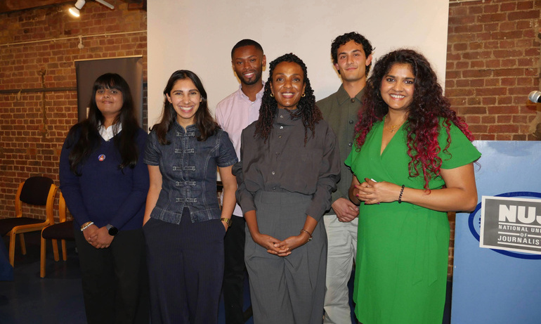 Nesrine Malik stands alongside 2025 and 2026 George Viner Memorial Fund scholars.