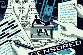 Person sits at a desk with a judge in the background, holding his finger to his mouth to indicate
silencing. Handcuffs, paper with redacted text and a pointing finger.