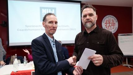 NUJ Irish Executive Council members Cearbhall Ó Síocháin (left) and Éanna Ó Caollaí (right) at the launch of the Irish language bursary.