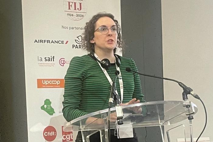 NUJ vice-president Georgina Morris speaking on stage at IFJ100
