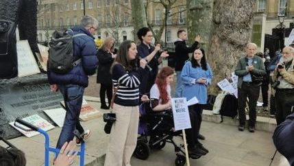 NUJ President Natasha Hirst speaks at Downing Street protest against cuts to disability benefits