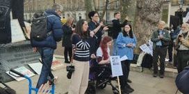 NUJ President Natasha Hirst speaks at Downing Street protest against cuts to disability benefits