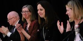 Natasha Hirst, NUJ president, wearing a black blazer opens DM 2025 alongside Seamus Dooley, Laura Davison, and Debbie Cavaldoro.