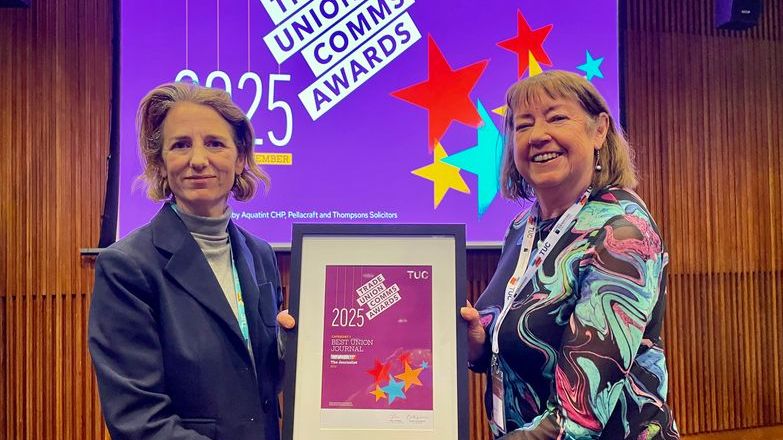 Kate Bell (left) and Christine Buckley (right) hold a plaque in front of a purple 'Trade Union Comms Awards' banner.