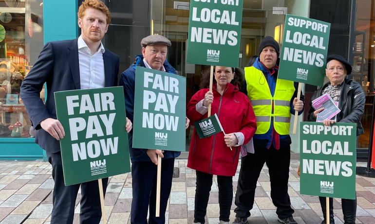Matthew O’Toole MLA with journalists outside the office of the Belfast News Letter.jpg