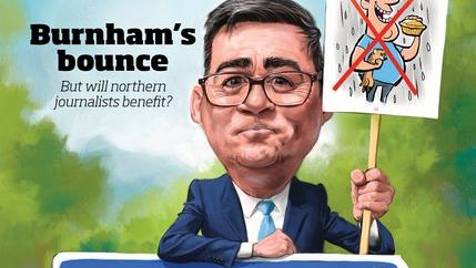 A cartoon image of a smiling Andy Burnham leaning on an arrow sign pointing to 'The North' next to the words 'Burnham's bounce'.