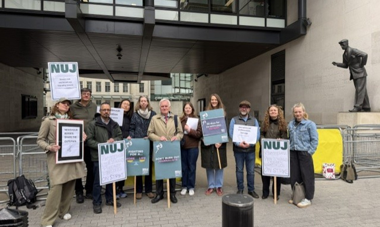 NUJ members joined by John McDonnelll and Laura Davison on the picket line outside Broadcasting House.