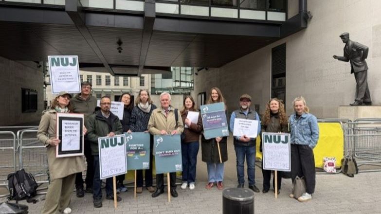 NUJ members joined by John McDonnelll and Laura Davison on the picket line outside Broadcasting House.