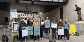 NUJ members joined by John McDonnelll and Laura Davison on the picket line outside Broadcasting House.