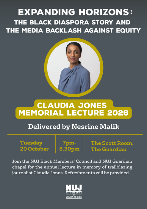 A 'Claudia Jones Memorial Lecture 2026' flyer with a circular picture of Nesrine Malik, white and yellow text, and a grey background.