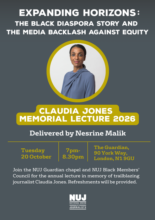A 'Claudia Jones Memorial Lecture 2026' flyer with a circular picture of Nesrine Malik, white and yellow text, and a grey background.