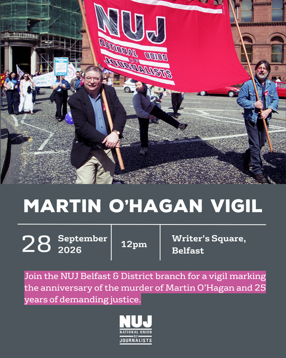 'Martin O'Hagan vigil' leaflet with an image of Martin holding a red NUJ banner and key details for the vigil in white text against a grey background.